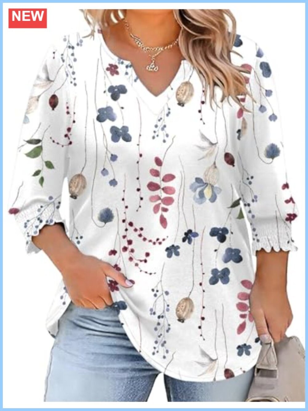 Plus Size 3/4 Sleeve V-Neck Floral Tunic Top Stretch Loose Fit